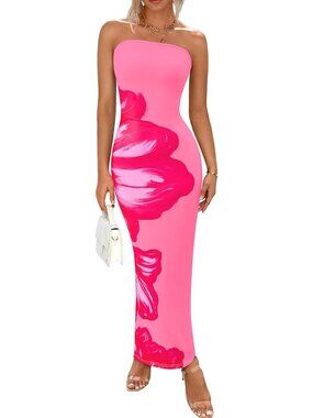 Women's Pink Floral Summer Strapless Maxi Dress Formal Tube Mesh Long Dress